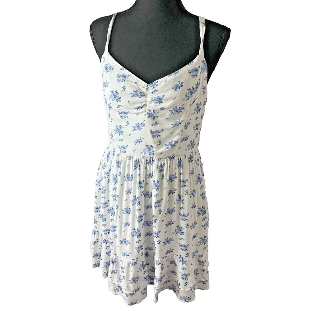 Blue Floral Babydoll Mini Dress Women's M Tiered Ditsy Cottagecore - Picture 3 of 9